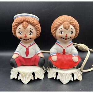 VTG Raggedy Ann & Andy Portable‎ Ceramic Lamp Set Metal Base Underwriter Lab
